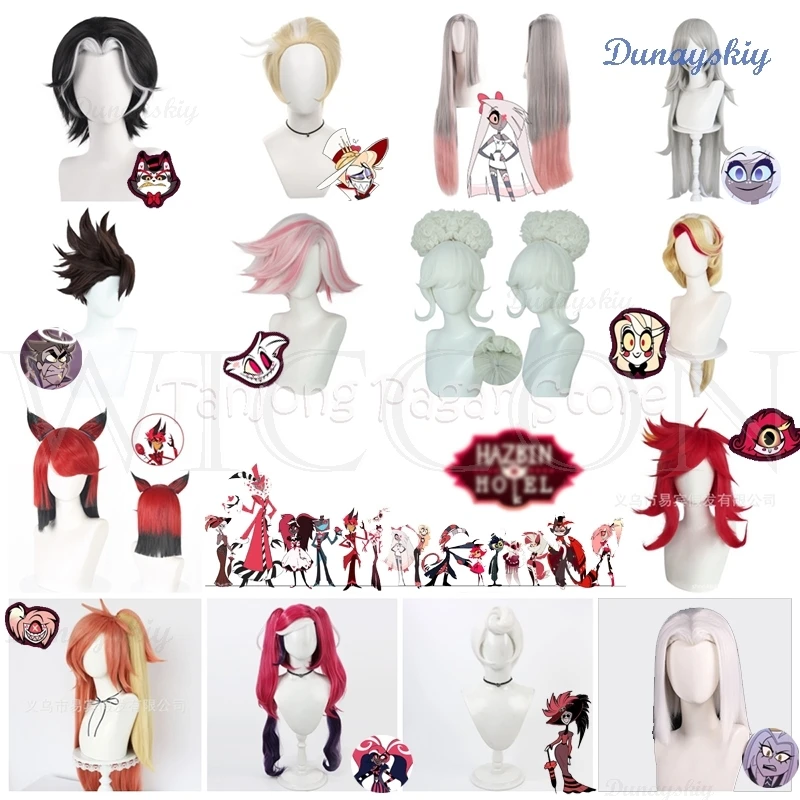 Hazbin ALL Alastor Hotel Lucifer Angel Husk Charlie Vaggie Cherri Bomb Adam Lute Velvette Cosplay Wig Emily Hair Halloween Party