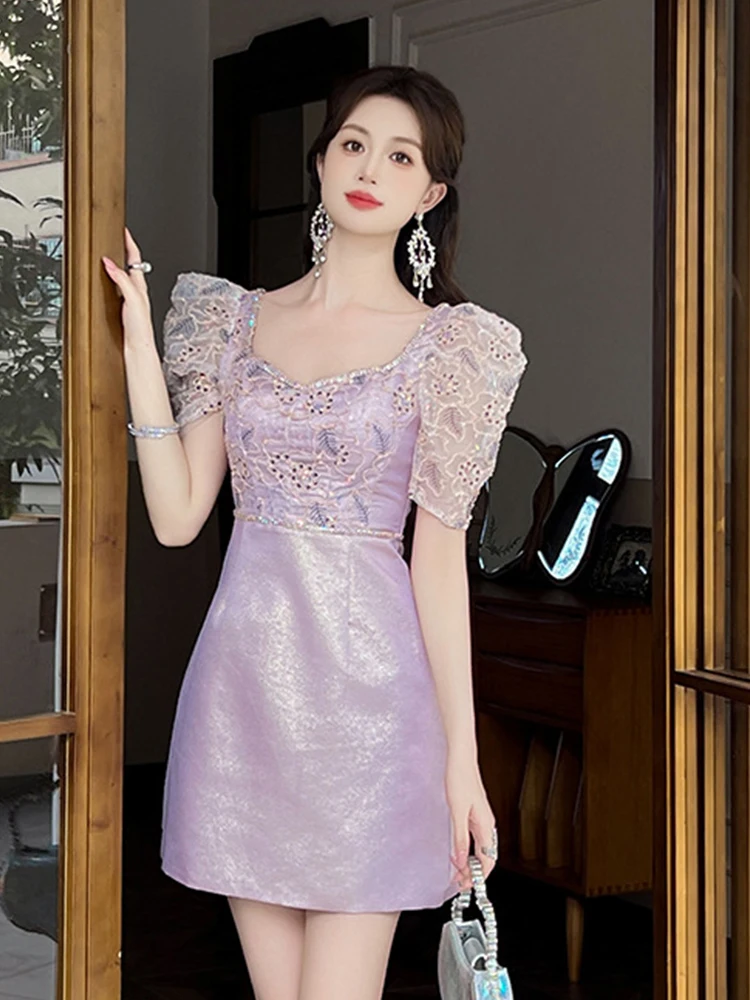 Elegant Luxury Purple Glitter Birthday Dress Women Sweet Retro Puff Sleeve Slim Short Party Club Vestidos Fiesta Street Clothes