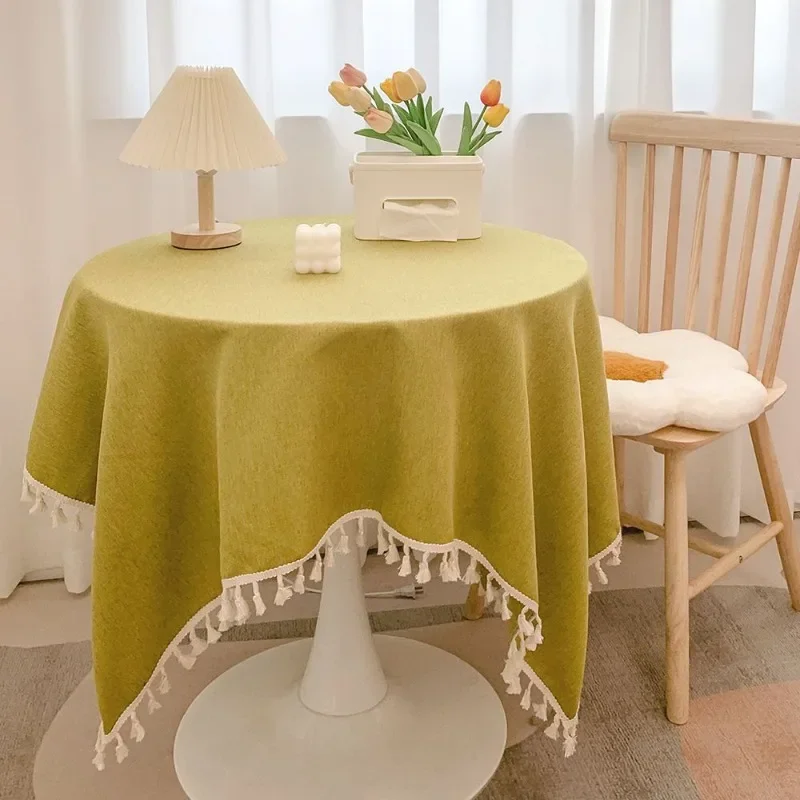 Solid Color Tassel Round Table Cloth Soft Simple Fabric Cover Home Balcony Round Tea Table Decorative Dustproof Table Mat Cloth
