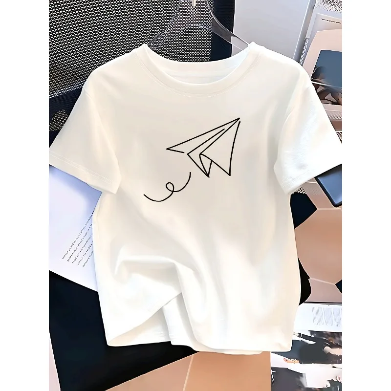 

Бумажный узор самолета, 3D-печать, дышащая, быстросохнущая, свободная и удобная повседневная повседневная футболка с круглым вырезом и короткими рукавами