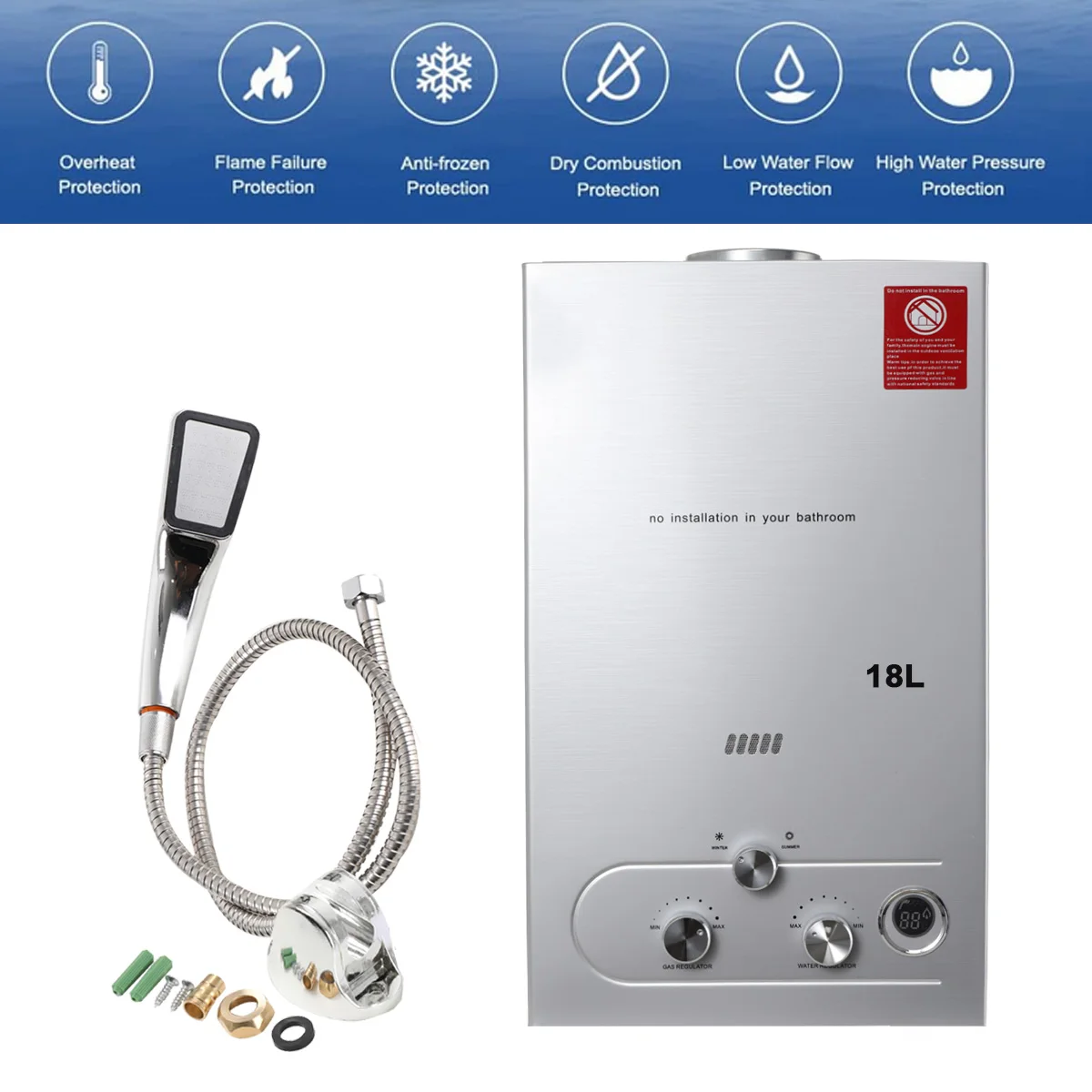18L LPG Propaangas Boiler Draagbare Tankless Instant Boiler Met Douchekop Kit Digitale Display Wandmontage