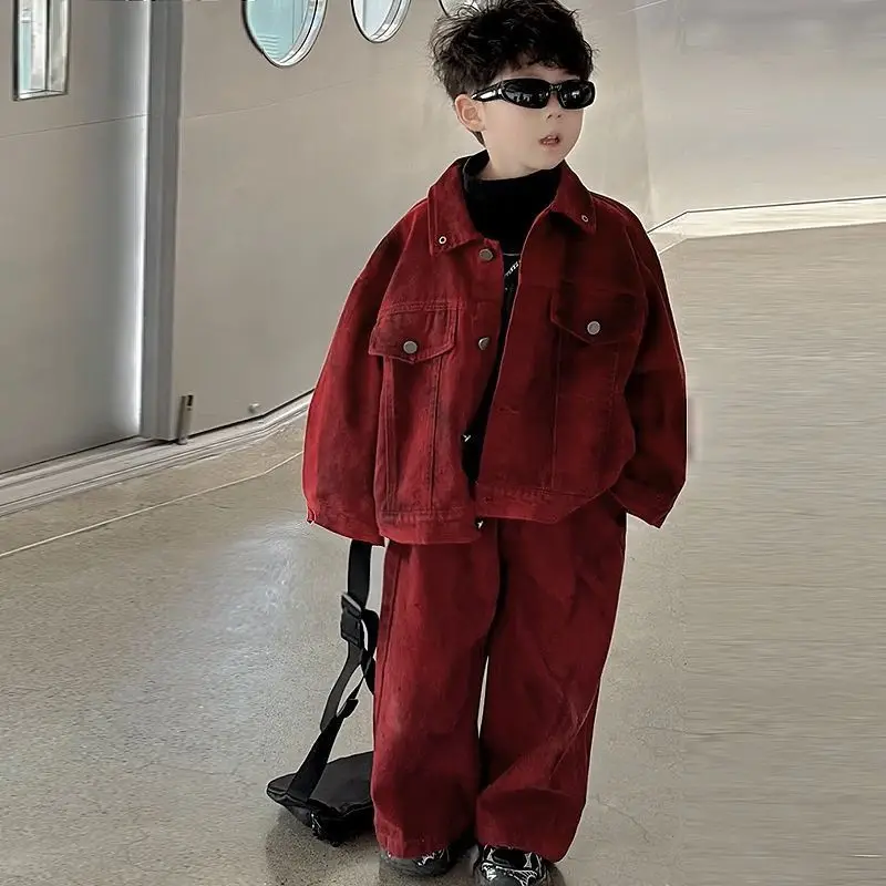 Baby Boys Children Red Denim Coat Spring Autumn Kid Fashion casual Gentleman Jean Top+Pants 2Pcs Suits Set Streetwear Handsome