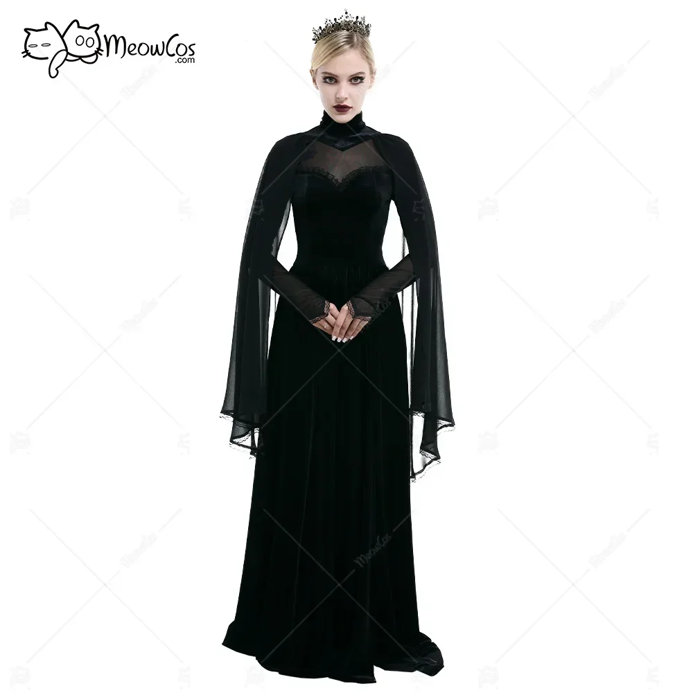 MEOWCOS Women Gothic Punk Round Collar Long Dress Cute Ruffled Chest Sheer Sexy Long Sleeve High Split Velvet Goth Floor Dress