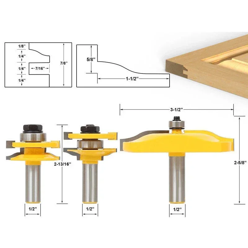 3 buah/Set 1/2 "12.7MM Shank pisau penggilingan ukiran kayu mengangkat Panel kabinet pintu Router Set Bevel pekerjaan kayu pemotong Tenon