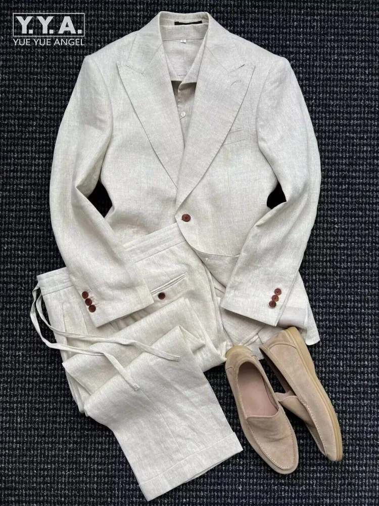 

Spring Summer Men Solid Color Linen Suit Set Single Breasted Blazer Jacket Pants Two Piece Set Business Work Formal Dress Suits