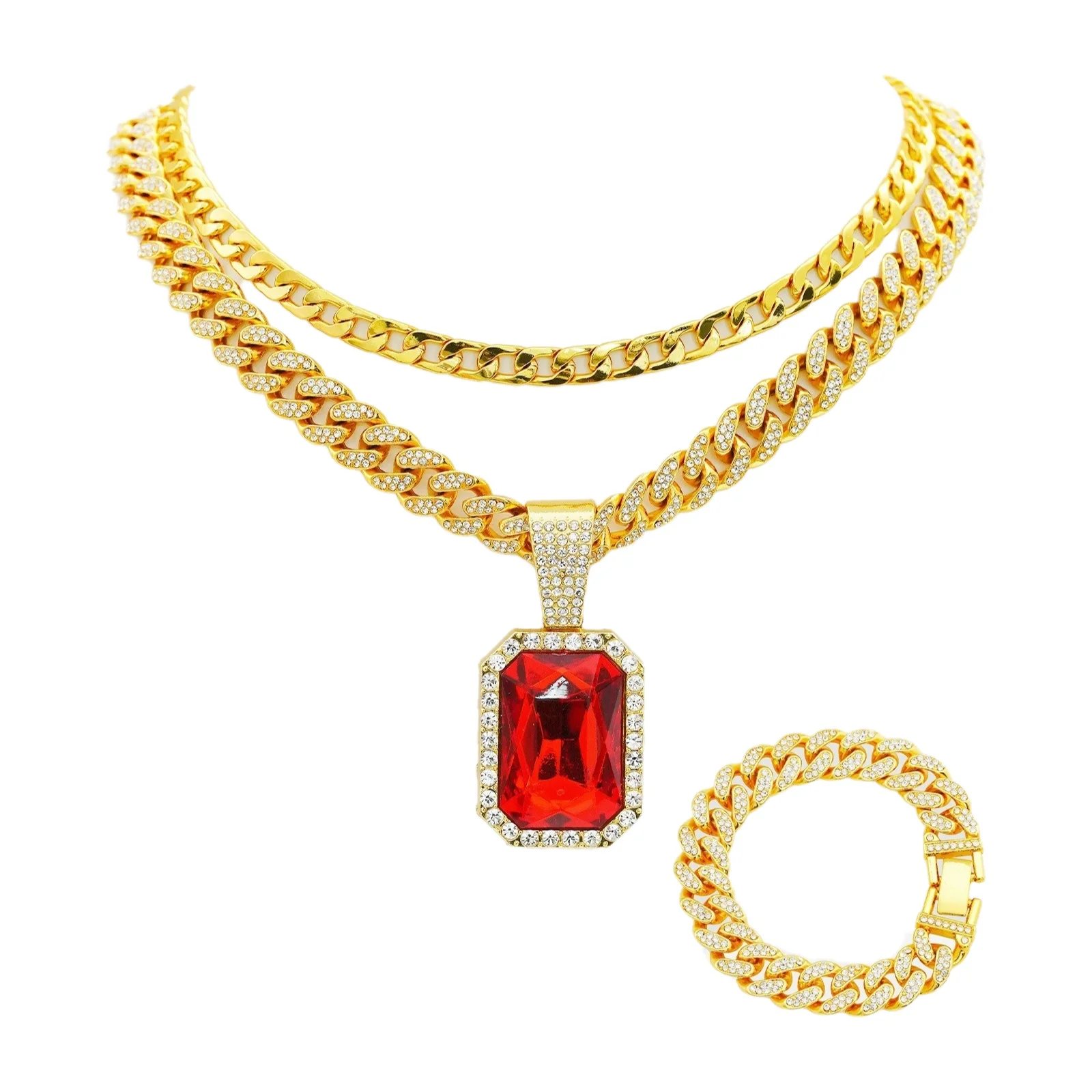 Men's Square Red Ruby Necklace Pendant & Cuban Chain Bracelet Set