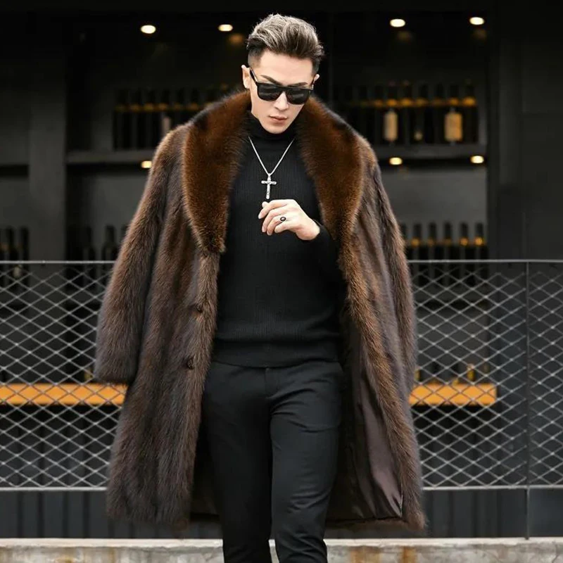 Long Mink Fur Coat For Man 2024 Winter Thicken Lapel Fluffy Jacket Man's Warm Outerwear Artificial Fur Coat Furry Overcoat