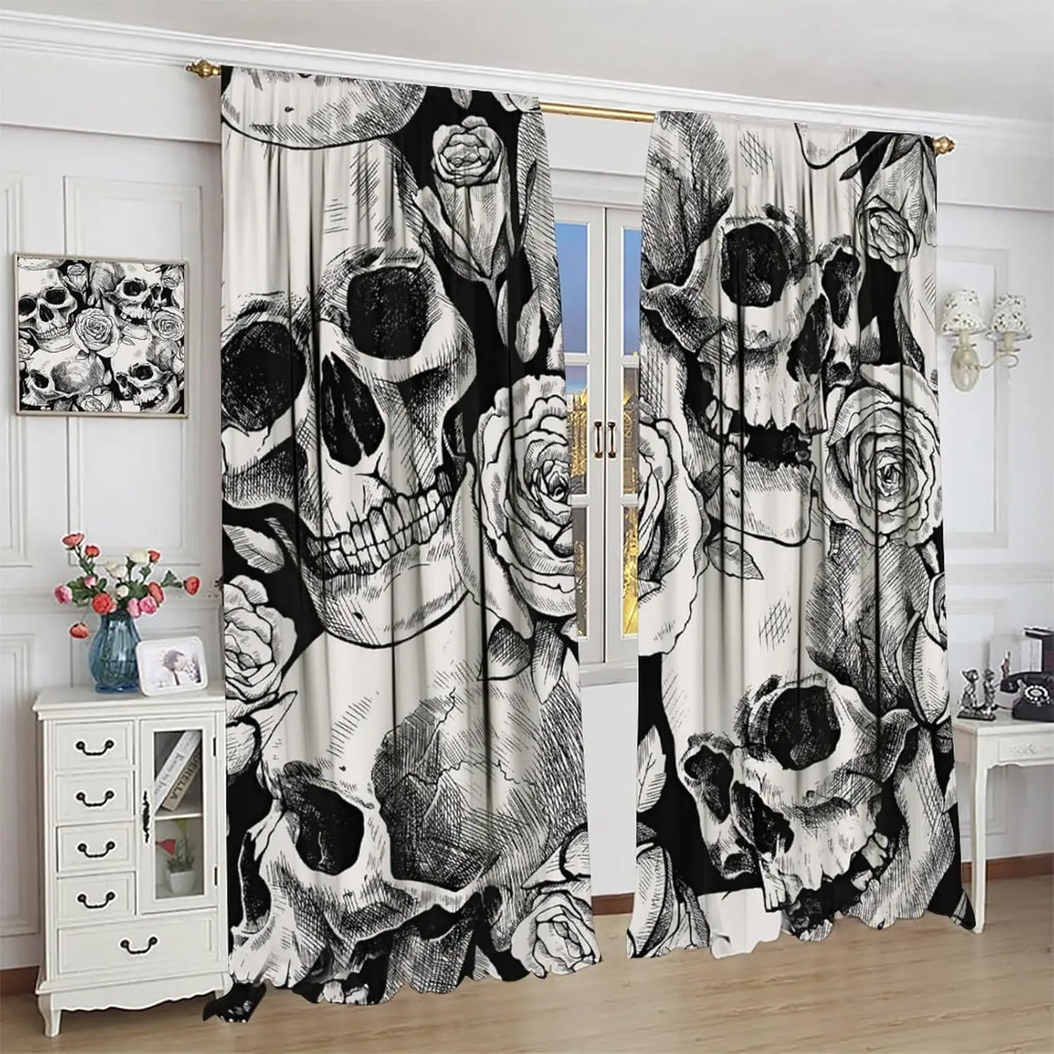 Hand Painted Skull Curtains,Halloween Floral Rose Skull Gothic Day of The Dead, Bedroom Living Room Blackout Decorative Curtains