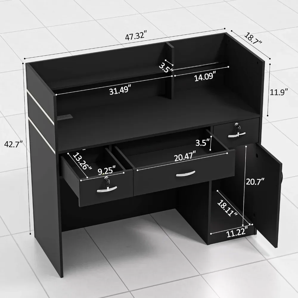 Reception desk, equipped with storage cabinets and shelves, 48 inch checkout counter, suitable for lobby, office, reception desk