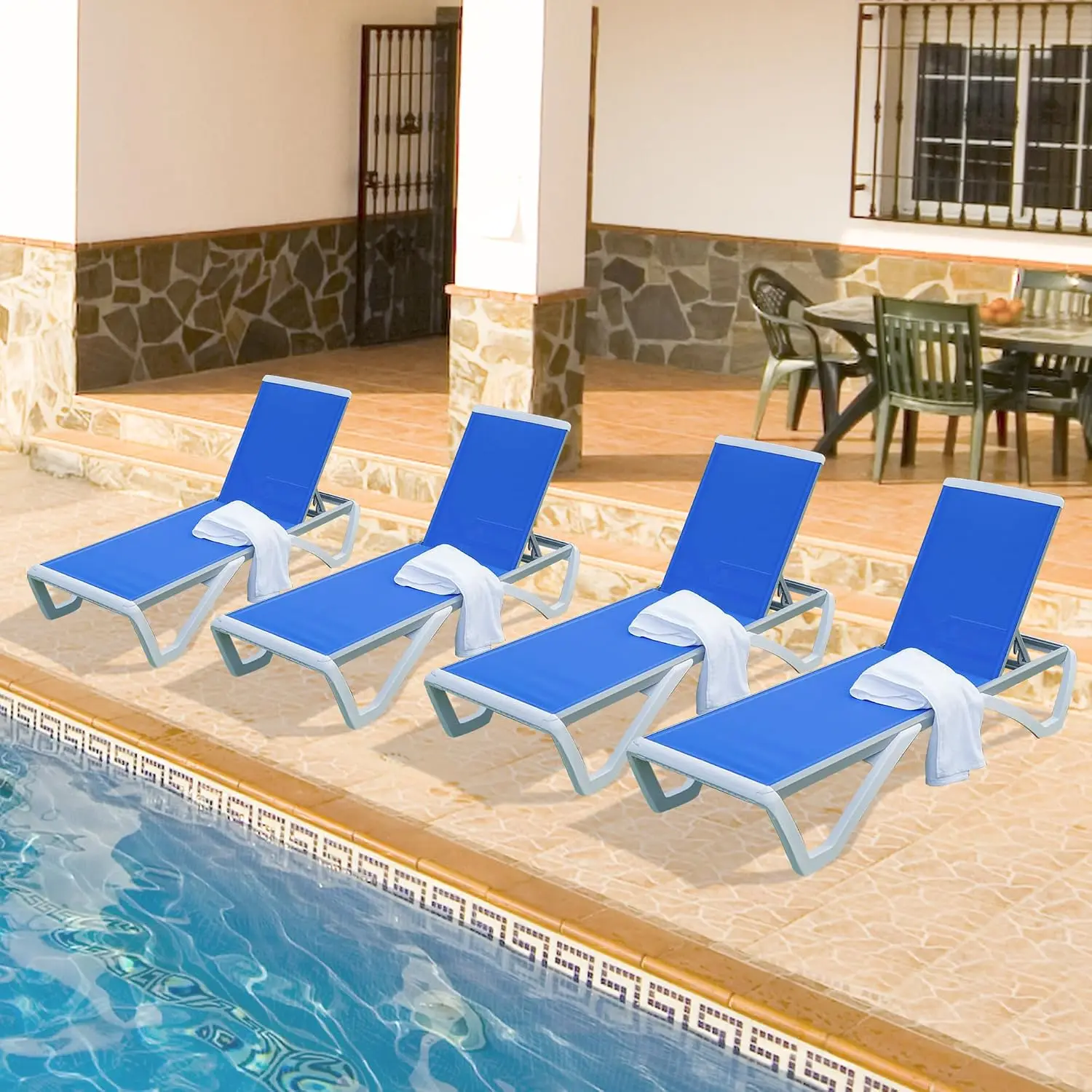 Outdoor Patio Lounger Chair Set of 4, Poolside Reclining Adjustable Backrest, Weather Resistant PE Rattan, Blue, Customized