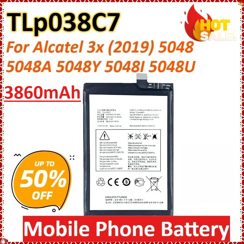 

TLp038C7 3860mAh 4.4V for Alcatel 3x (2019) 5048 5048A 5048Y 5048I 5048U Cell High-Capacity Replacement Mobile Phone Battery