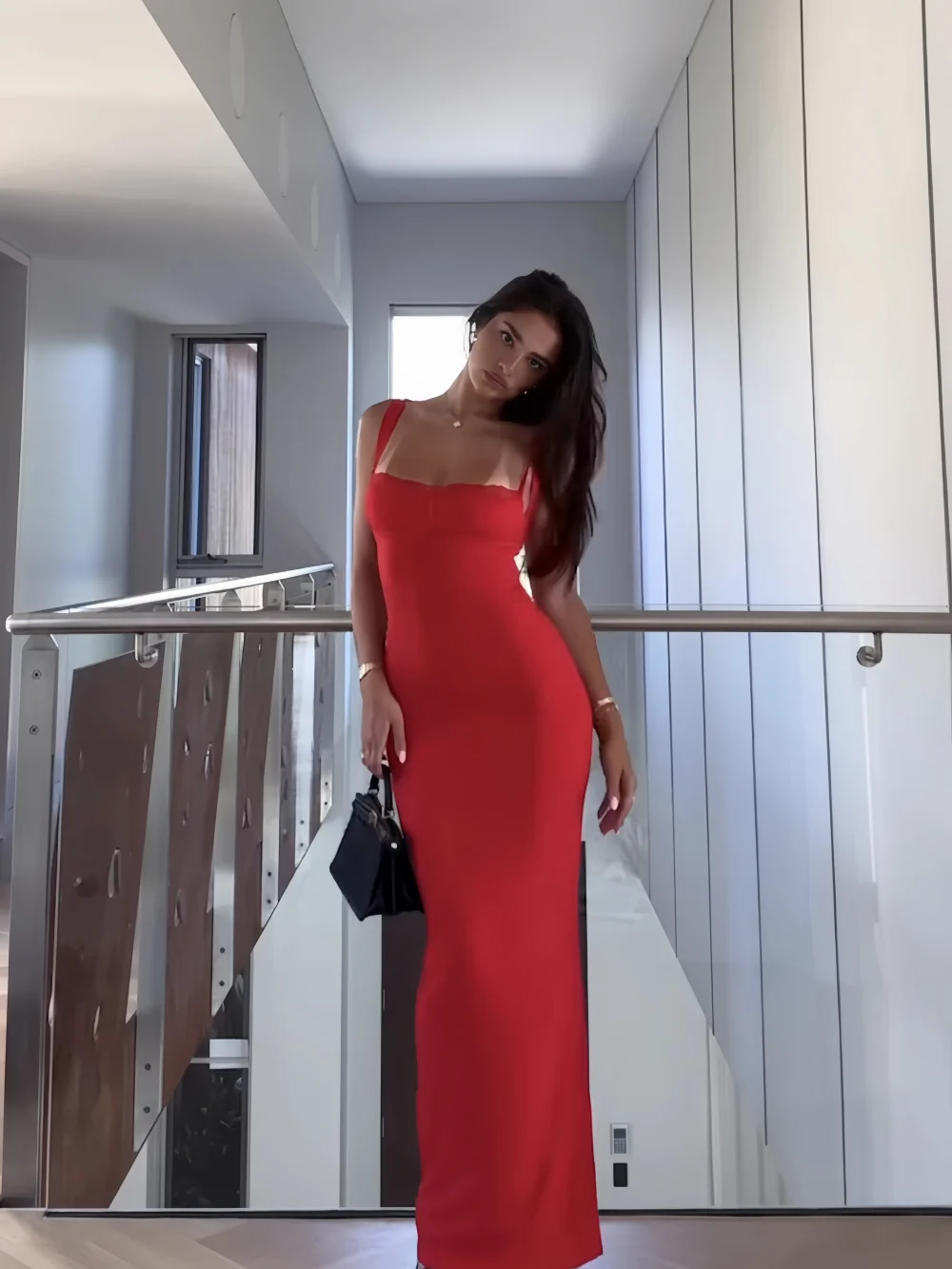 

Solid Color Women Slim Maxi Dress Lace Stitching Square Collar Sleeveless High Waist Elegant Ladies Robe