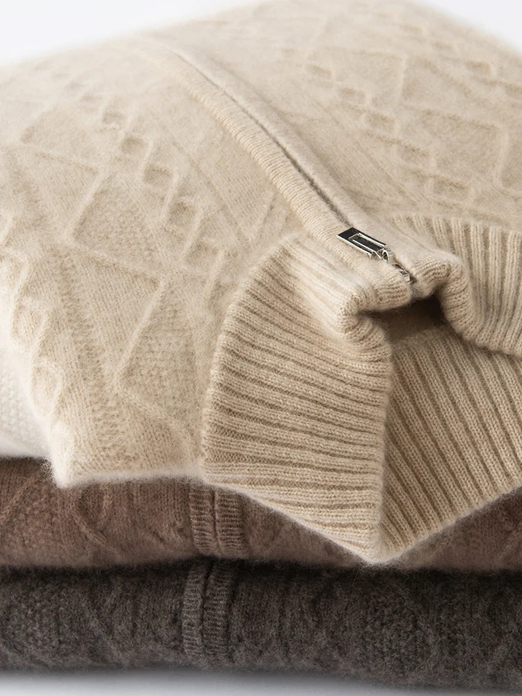 

TLOML New Women's 100% Cashmere Sweater Mock Neck Zipper Cardigan Sweater Coat Autumn Winter Thick Cable Knit High Quality Tops