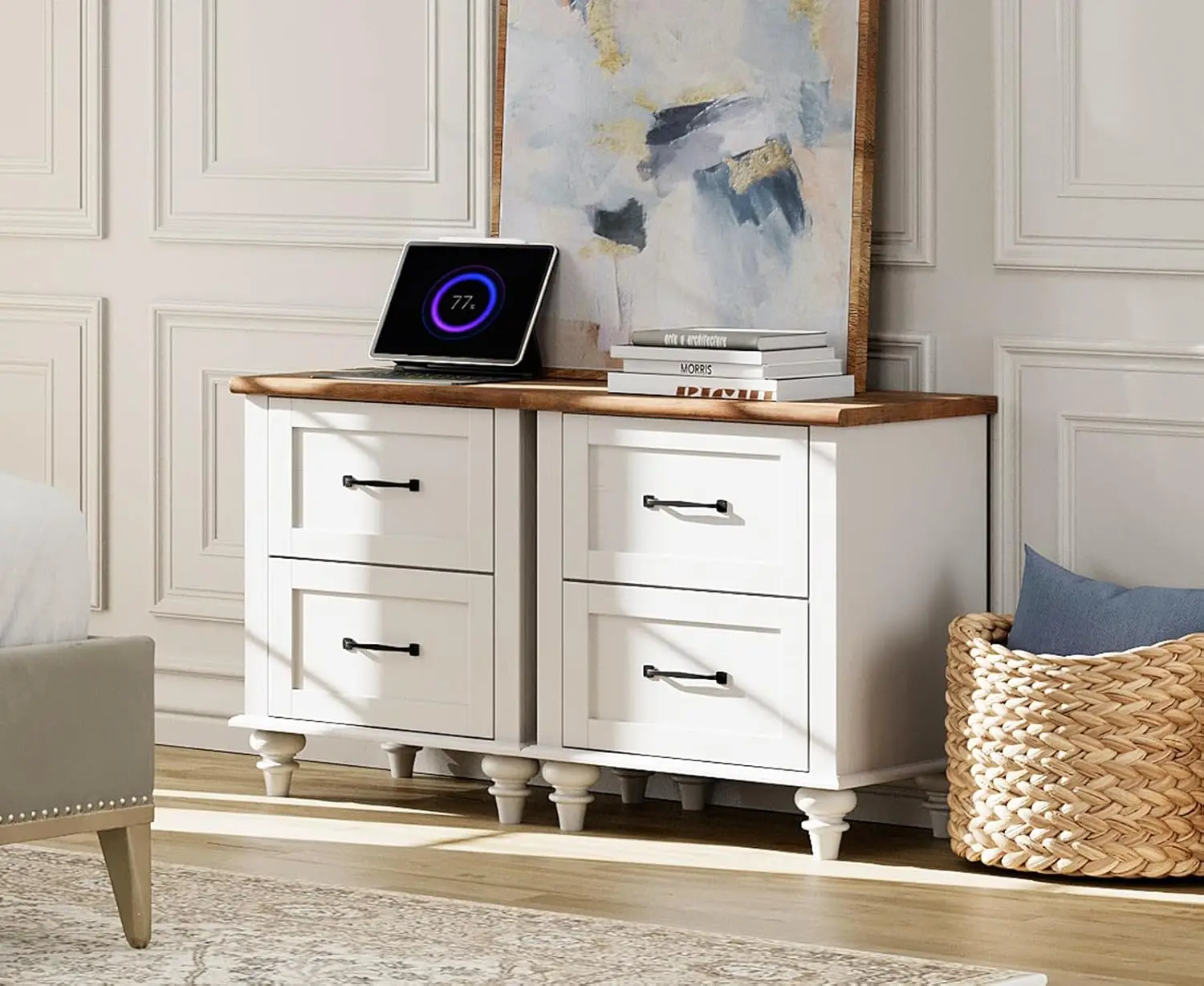 Off White End Table with Charging Station Set of 2 Nightstands Drawers Mid Century Side Table 2 Power Outlets & 2 USB Ports