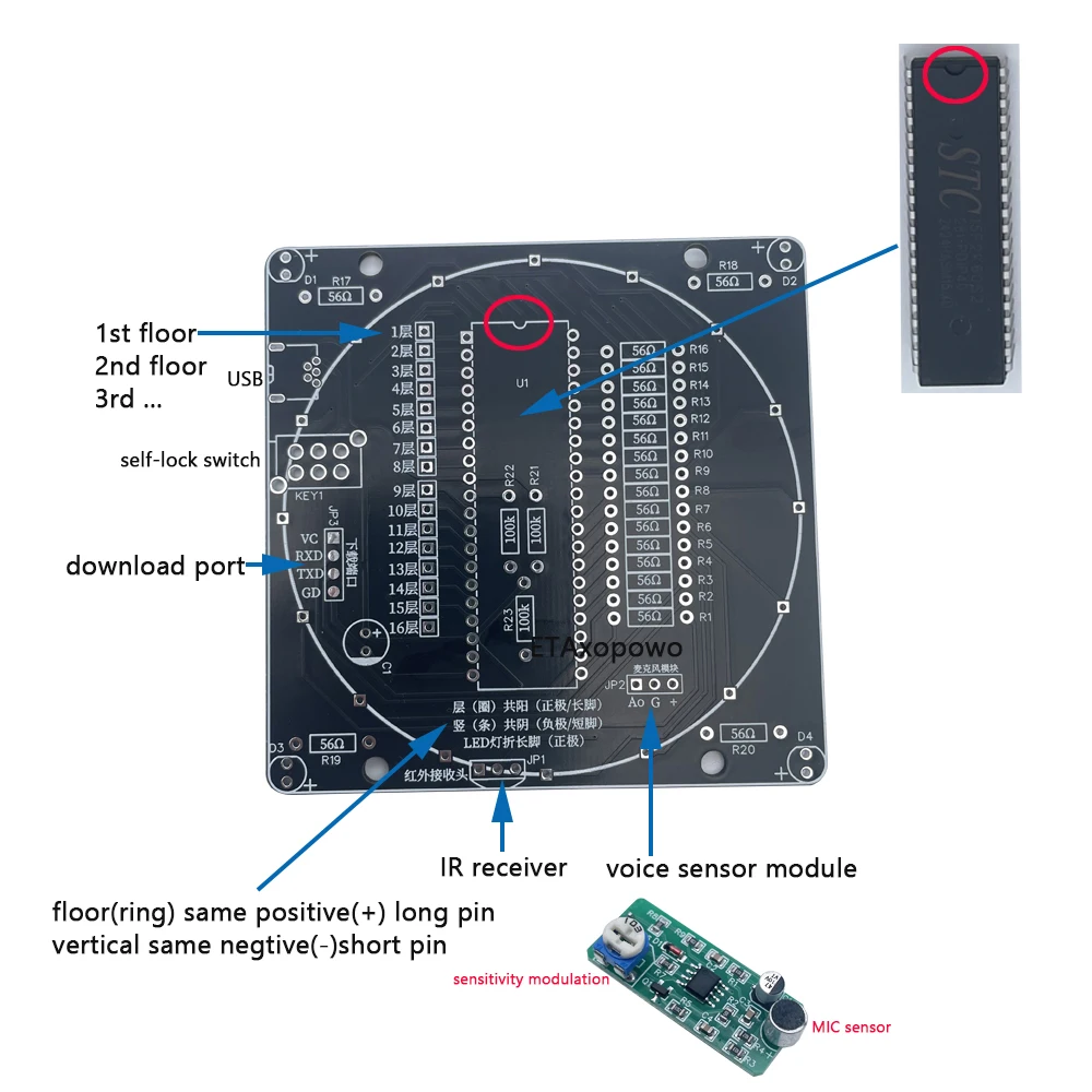 DIY electronic soldering kit 16 floor Canton Tower with voice senor music spectrum plug in components (blue LED