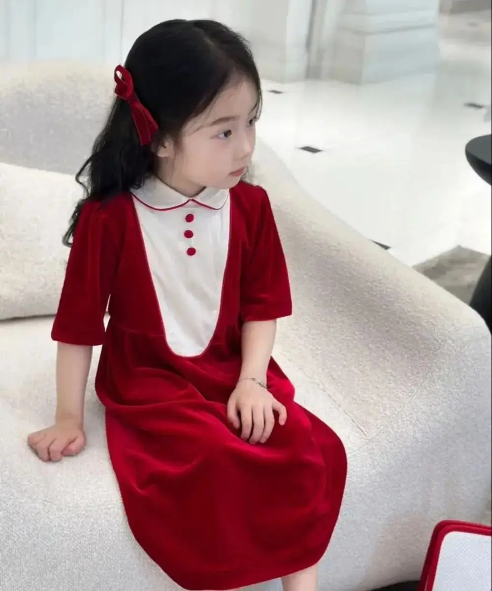

Весенне-летняя одежда для девочек, детское модное платье, красное бархатное платье в французском стиле, платье принцессы