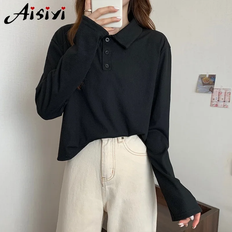 Women Polo Shirts Oversized Streetwear All Seasons Long Sleeves Crop Bottom Shirt Texture Layering T-Shirt Crop Tops