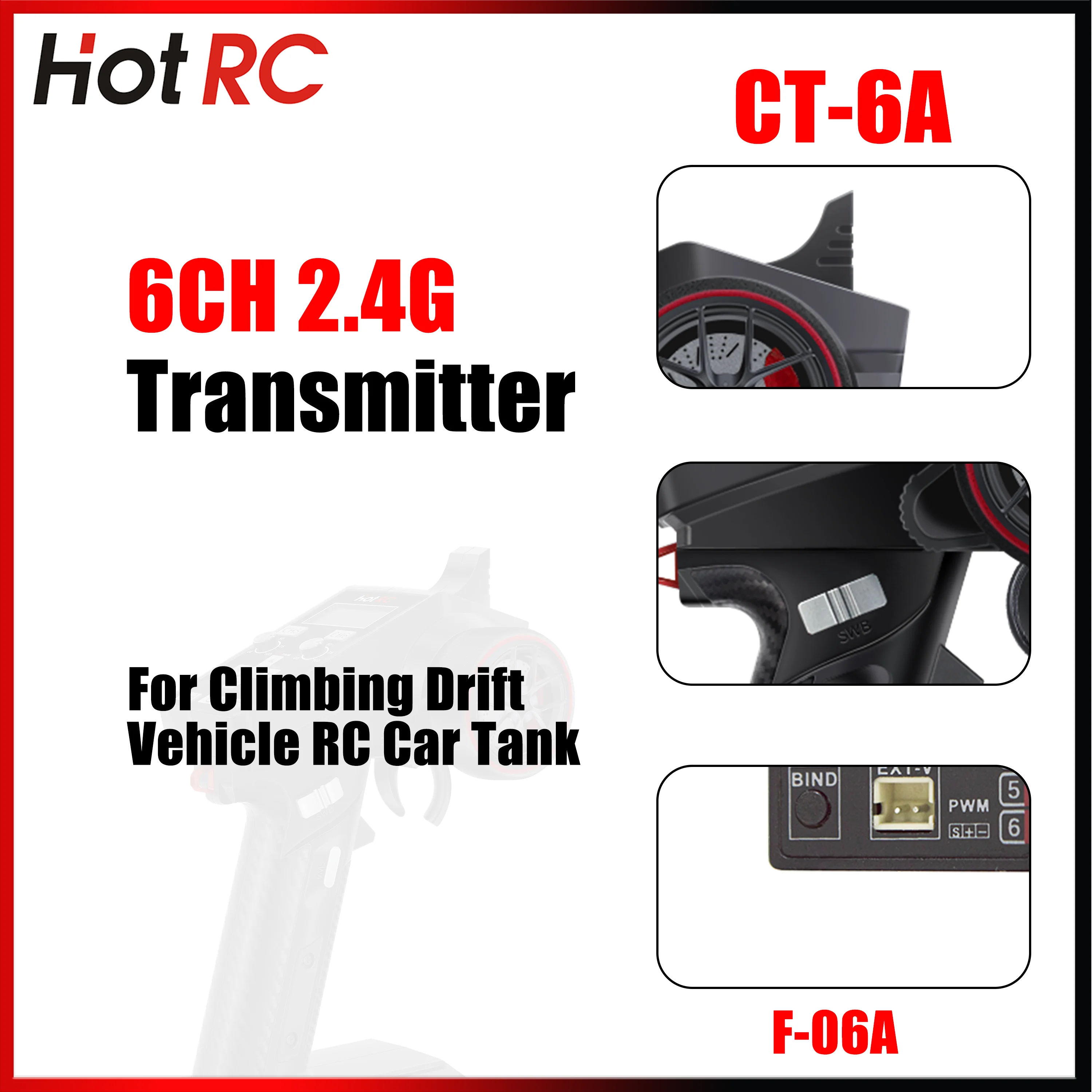 HOTRC CT-6A 6CH 2.4G Transmitter Remote Controller Radio System with F-06A 6CH Receiver for RC Car Boat Tank Vehicle Accessories