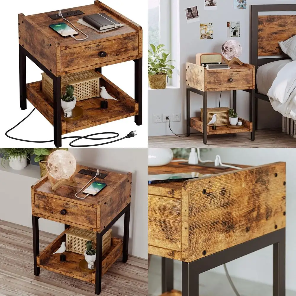 

Тумбочка, прикроватная тумбочка с зарядной станцией, небольшой торцевой столик с ящиком для хранения и полкой для спальни и гостиной, легкий