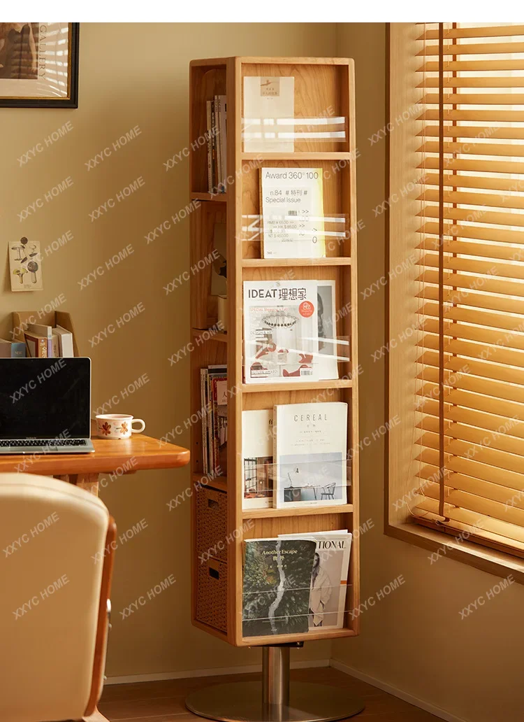 HMJCherry wood rotating full-length mirror Japanese-style home  full body floor magazine mirror bookshelf storage corner cabinet