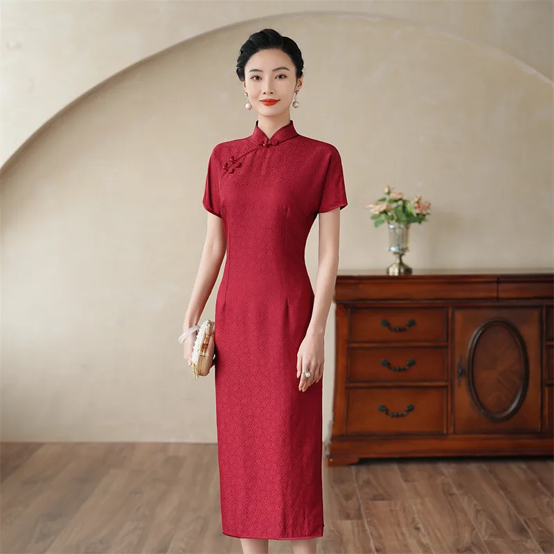 High Quality Summer New Real Silk School Entrance Examination Red National Style Retro Temperament Long Cheongsam Qipao Dress