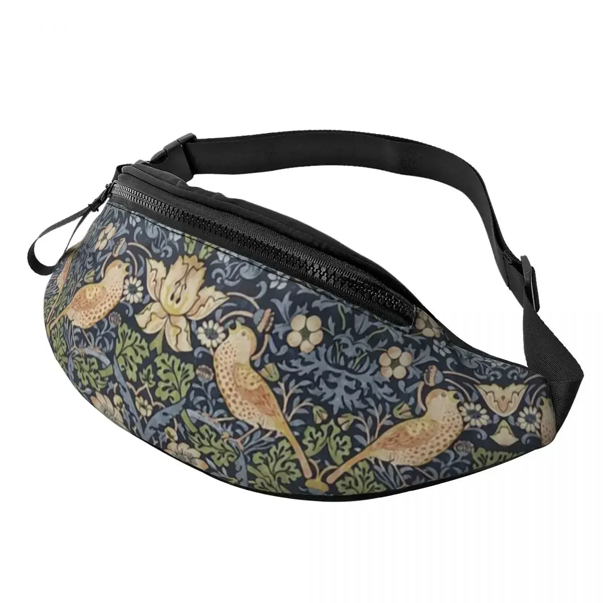 William Morris Strawberry Thief Pattern Fanny Pack Women Men Vintage Textile Crossbody Waist Bag for Traveling Phone Money Pouch