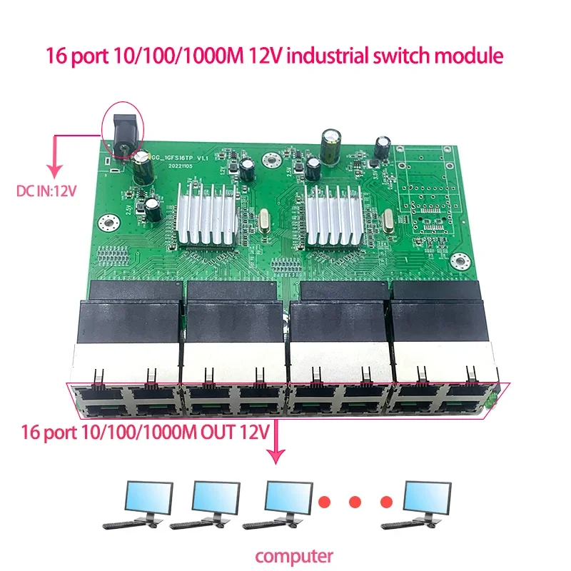 16 port 10/100/1000M dc in 12V industrial  ethernet switch module for School , Shopping Mall , Industrial Zone, Shopping Mall