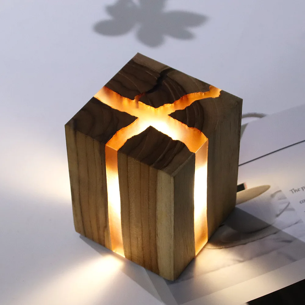 Lampu meja Resin retak kayu persegi lampu dekorasi seni creaktif lampu malam tema Canyon kayu pengisi daya USB