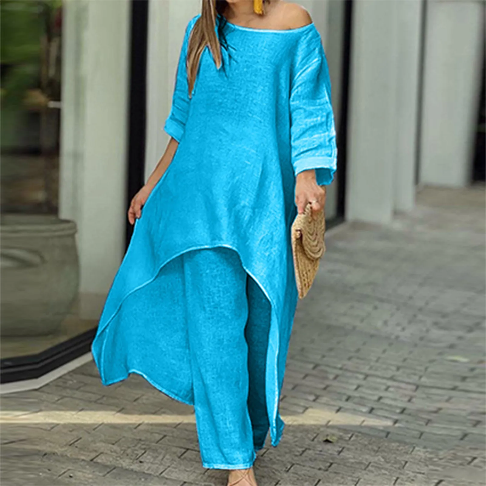 Women Cotton Linen Tracksuit Two Piece Set 2023 Summer Casual Loose Solid Blouse T-shirt Wide Leg Pants Suit Outfits 2 Piece Set