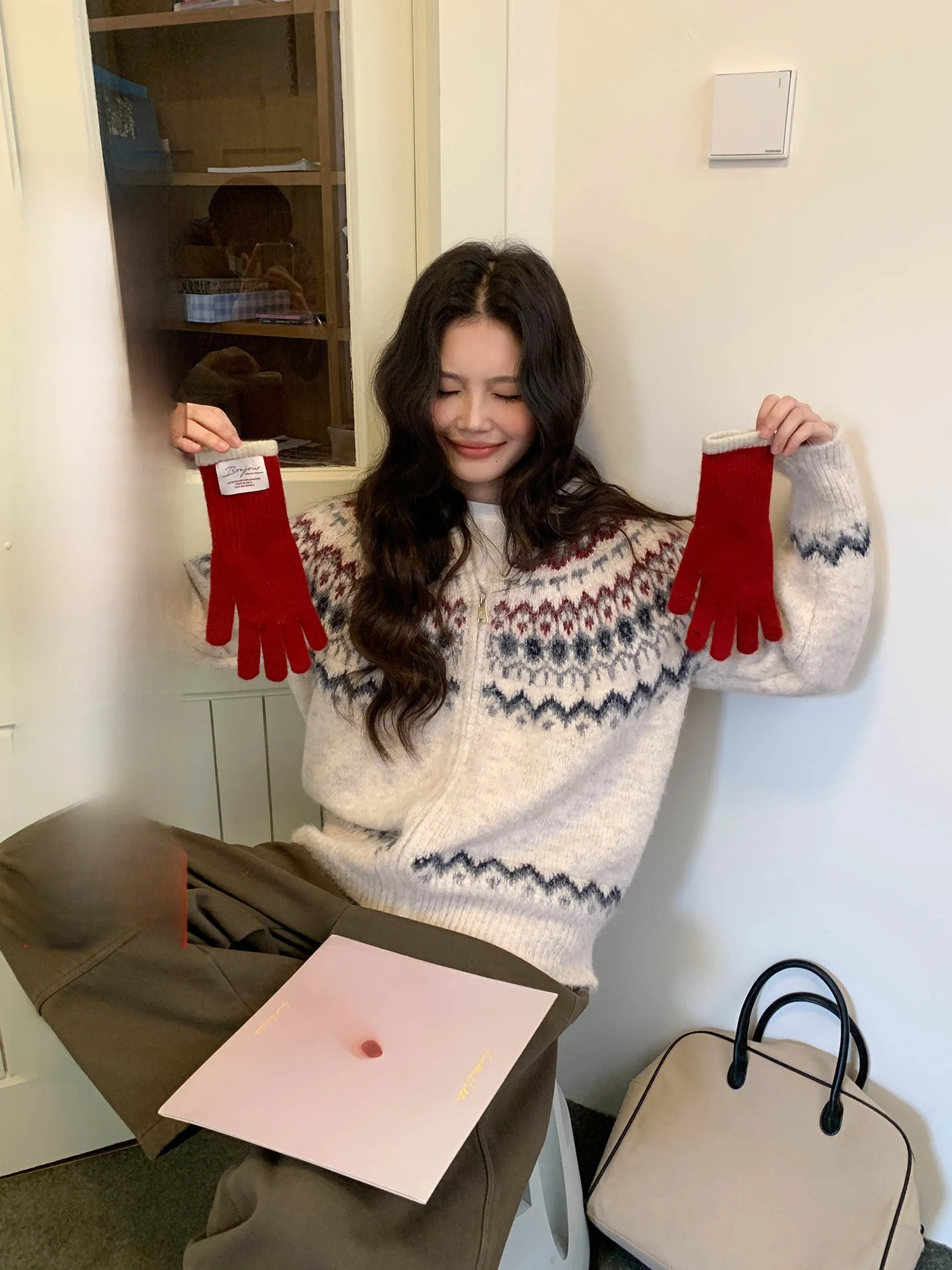 

Ретро-толстовка-пальто в стиле Fair Isle для женщин, свободного кроя, теплая, длинная, для девочек, на Новый год