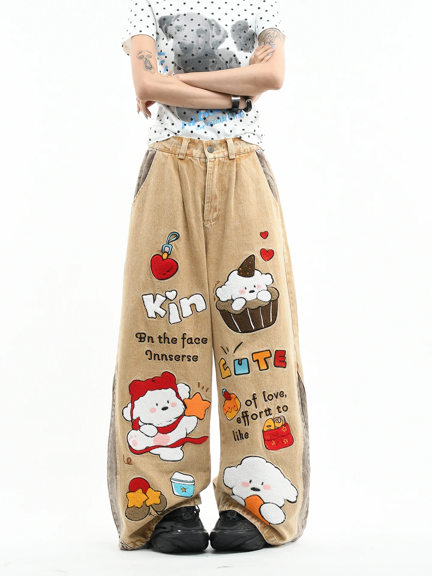 

OV Original Cartoon Dog Towel Embroidered Washed Denim Pants Loose Wide Leg Vintage Contrast Color Men's Casual Jeans
