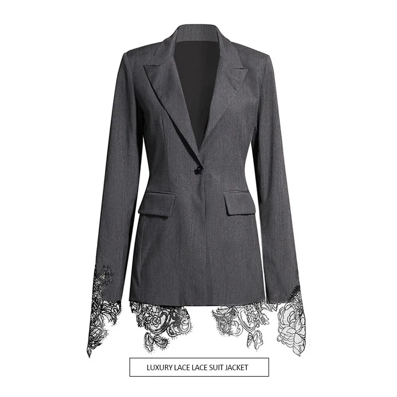 

High-end blazer women's 2025 new heavy industry embroidered lace splicing long-sleeved waist thin and drape suit