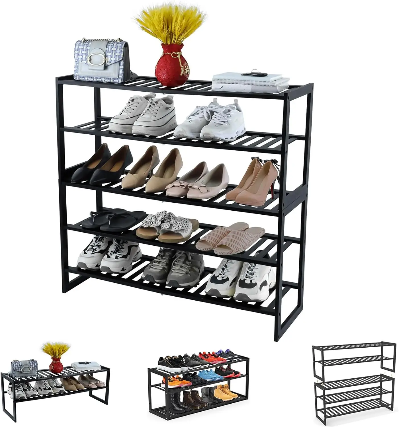 

5-Tier Bamboo Shoe Rack Organizer, Stackable Storage for 20-25 Pairs, Adjustable Height for Closet Entryway