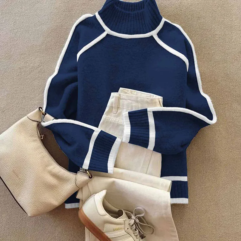 Dolcevita a costine autunno inverno maglione da donna retrò colore a contrasto maglieria top pullover casual manica lunga abbigliamento femminile caldo