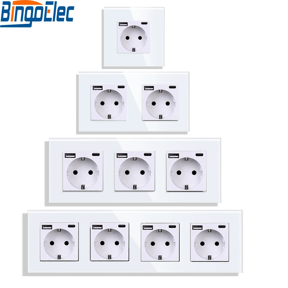 Bingoelec EU Standard Single USB Socket Type-C Crystal Glass Double Outlet Triple Wall Sockets Mounted Quadruple Outlets Black