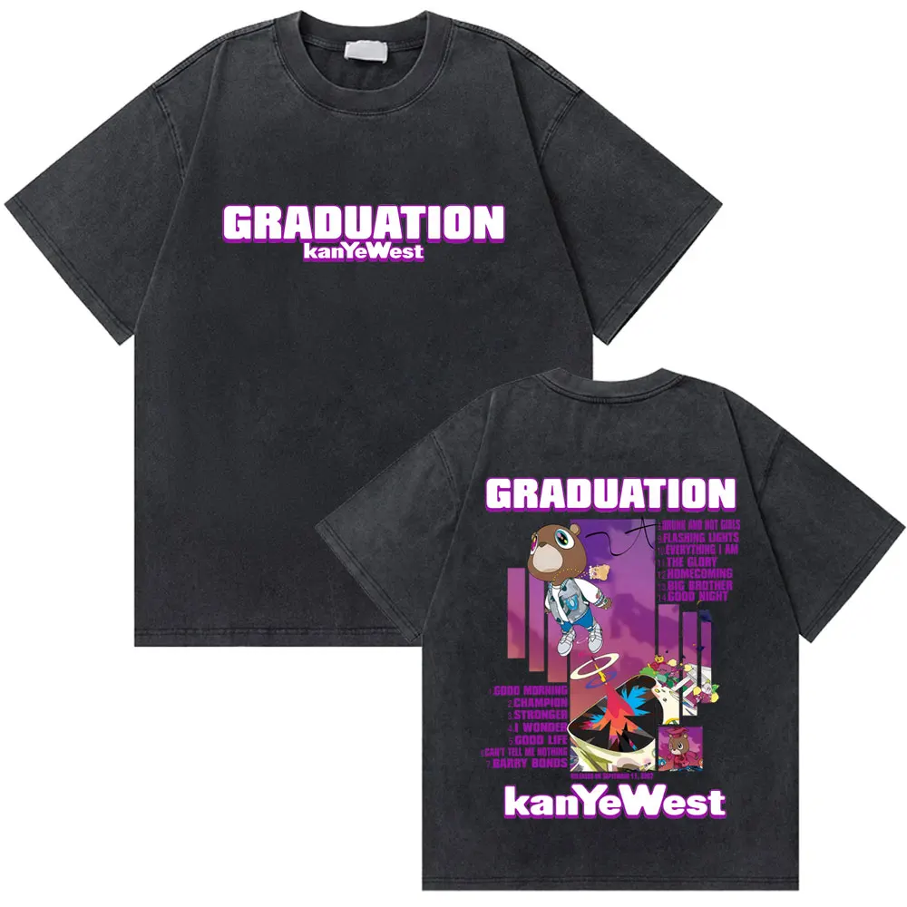 Washed Vintage Rapper Kanye West The College Dropout Bear Graphic T-shirt Men Hip Hop Pop Music T Shirts Fashion Trend T-shirts
