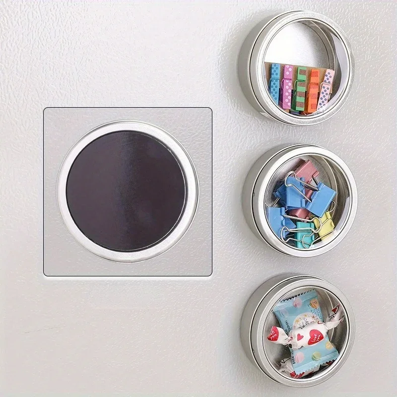 Magnetic Fridge Organiser Round Tin Box with Magnet Kitchen Spice Storage Box Rubber Band Small Object Organiser