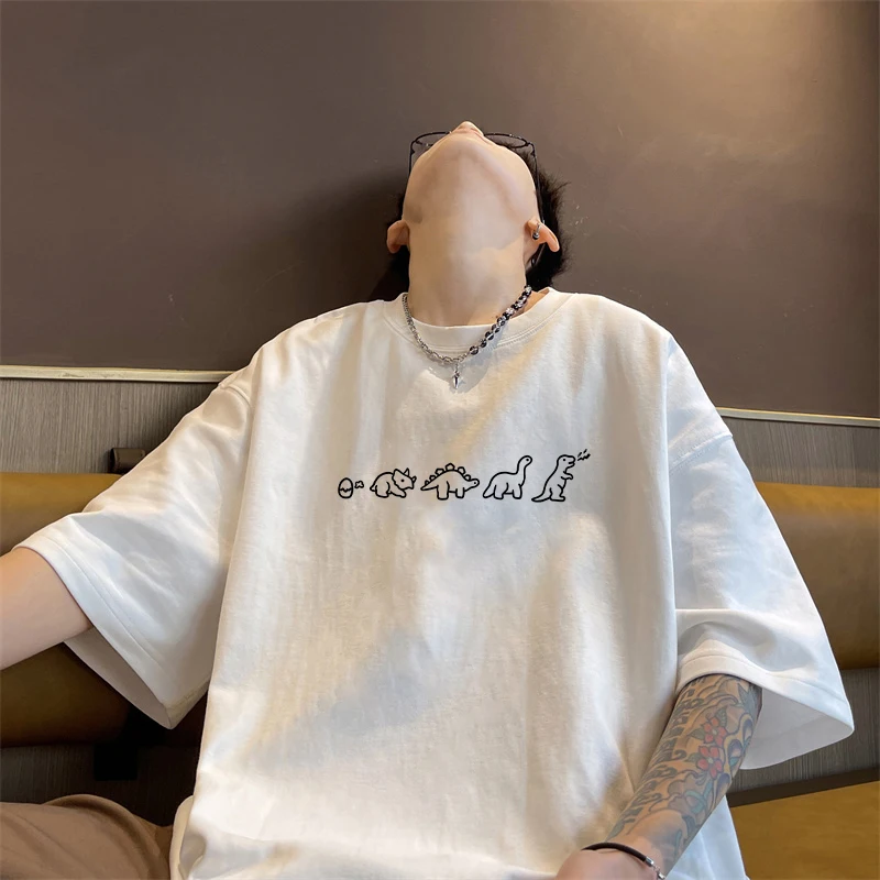 

Little Dinosaur Fun Cartoon Crew Neck T-Shirt Summer Cotton Heavy Loose ins Tyrannosaurus Rex Casual Short Sleeve Men's