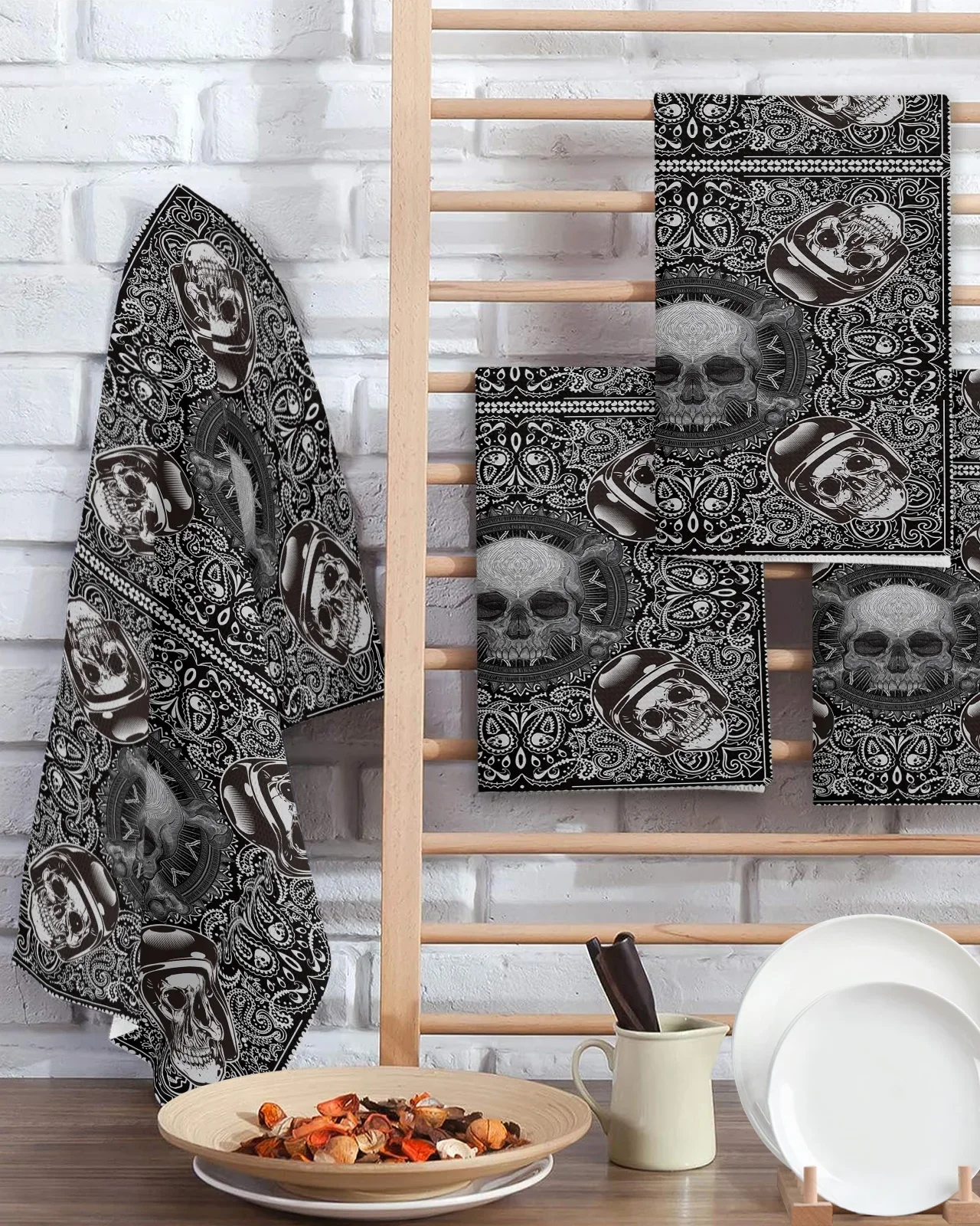 Paisley Pattern Skull 2/3/4PCS Absorbent Rag Kitchen Cleaning Cloth Dish Towels Waffle Microfiber Wipe Duster