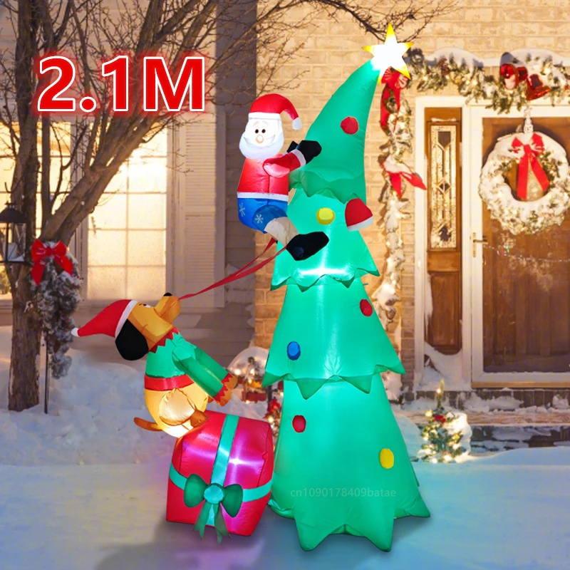 

2.1M/7FT dog chasing Santa Claus climbing trees, built-in LED lights, indoor and outdoor inflatable Christmas party decoration