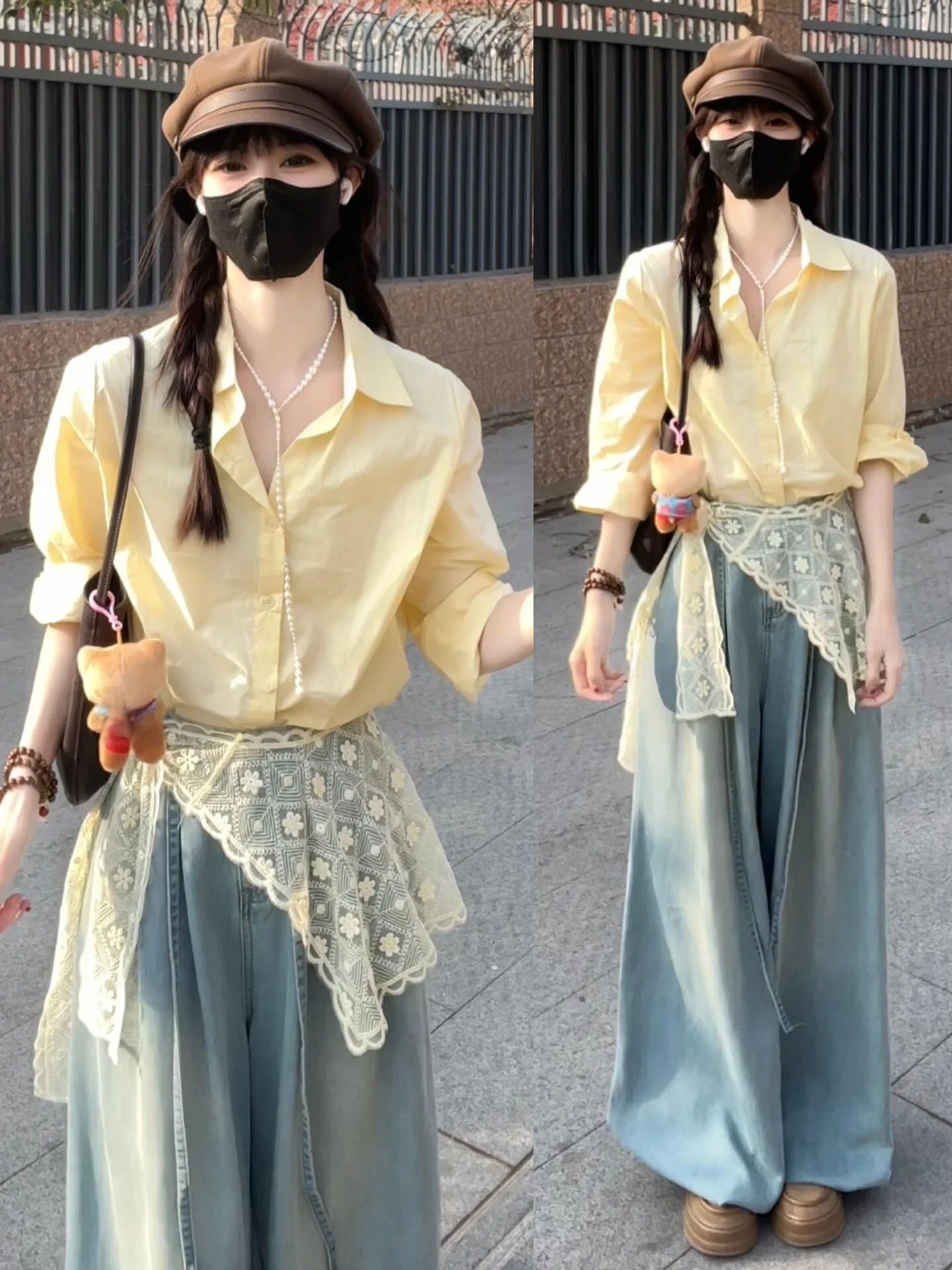 

Korean Sle Lace Splice Long Sve irt Women's Spring Summer 2026 Casual Aosphere Layering Top Commute Sle Loose Fit