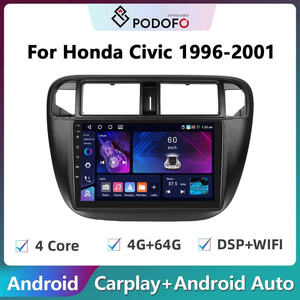 

Podofo 2din Android Car Radio For Honda Civic 1996-2001 Carplay Stereo Player Autoradio WIFI GPS Navigation FM/RDS