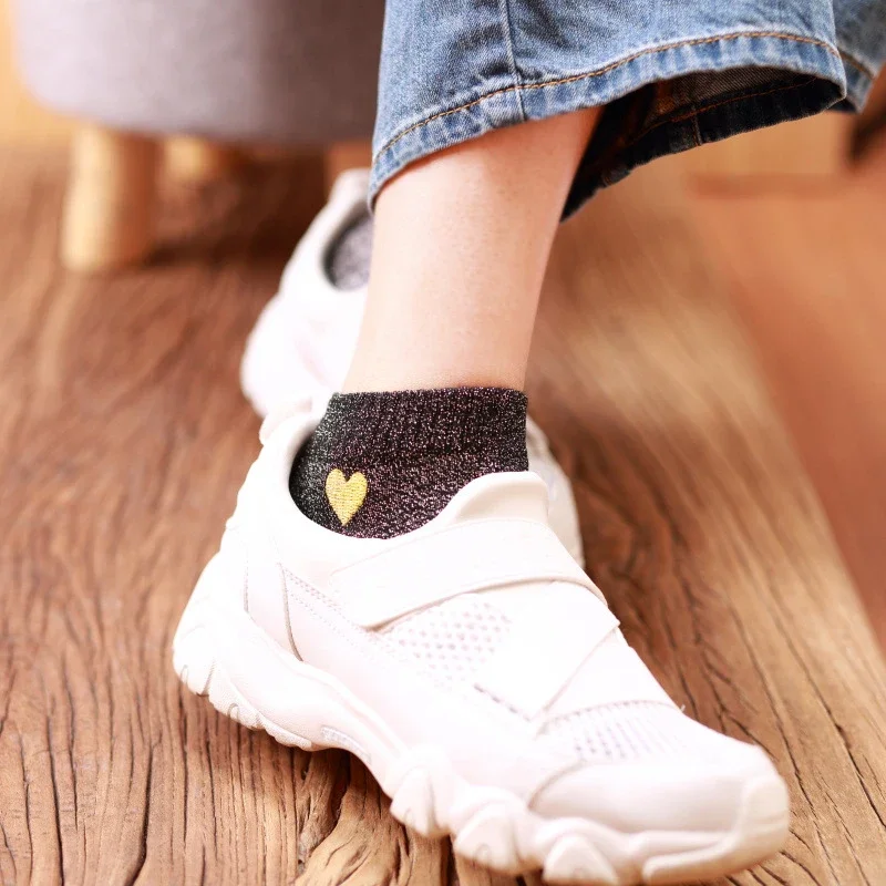 5 زوج/مجموعة النساء الفتيات المطرزة الحب القلب بريق لامعة الجوارب الفضة الملونة موضة مضحك تنفس الكاحل الجوارب #2