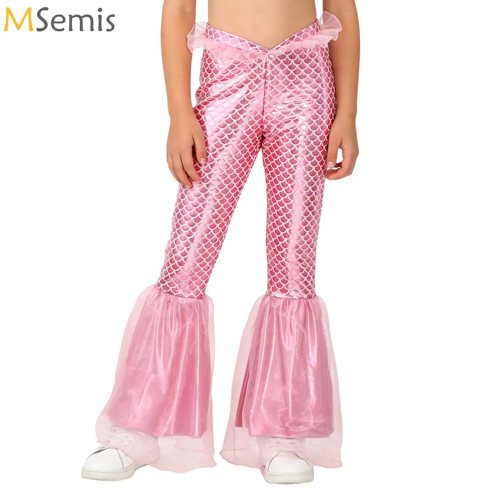 

Big Girls Carnival Halloween Mermaid Princess Cosplay Costumes Elastic Waist Ruffle Flared Pants Fish Scales Bell Bottoms Pants