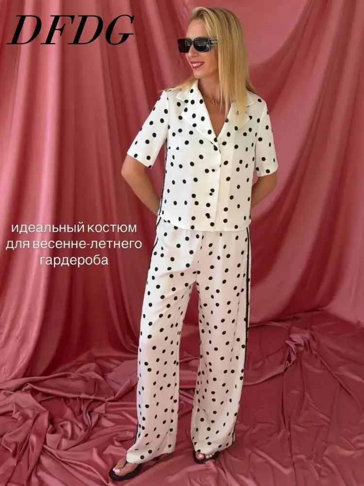 

DFDG Women 2026 Spring Summer Polka Dot Satin Two Piece Outfit Short Sleeve Button Down Shirt High Waist Wide Leg Pants Set