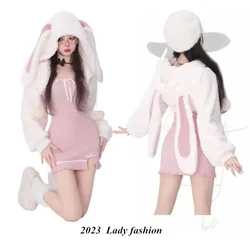 Pink Sweet Kawaii Rabbit Ears Mini Dress Set Womne Slim Dresses Autumn Winter New Kanji Jacket Two-piece Set