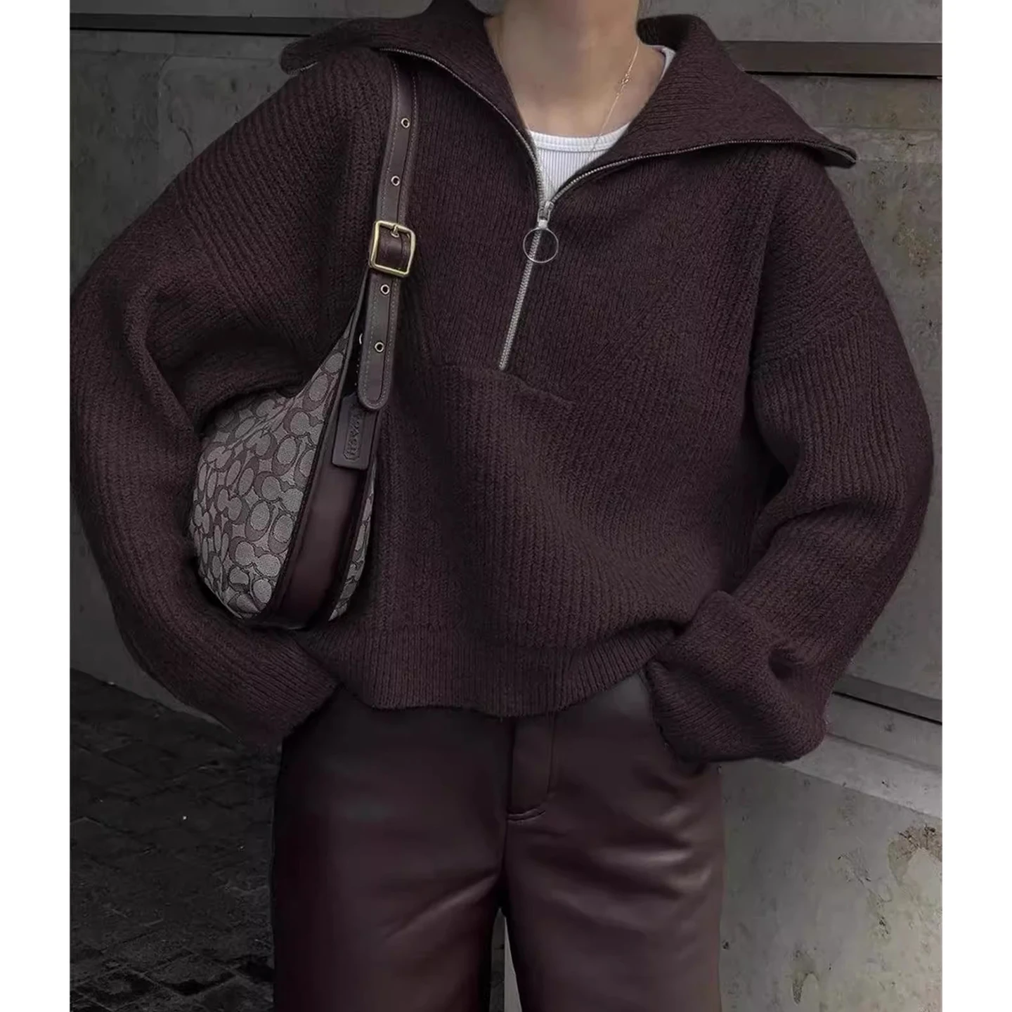 Chic Autumn Winter Women's Knitted Sweater f Zipper Long Sve Casual Loose Sle Korean Commute Sle ort Length