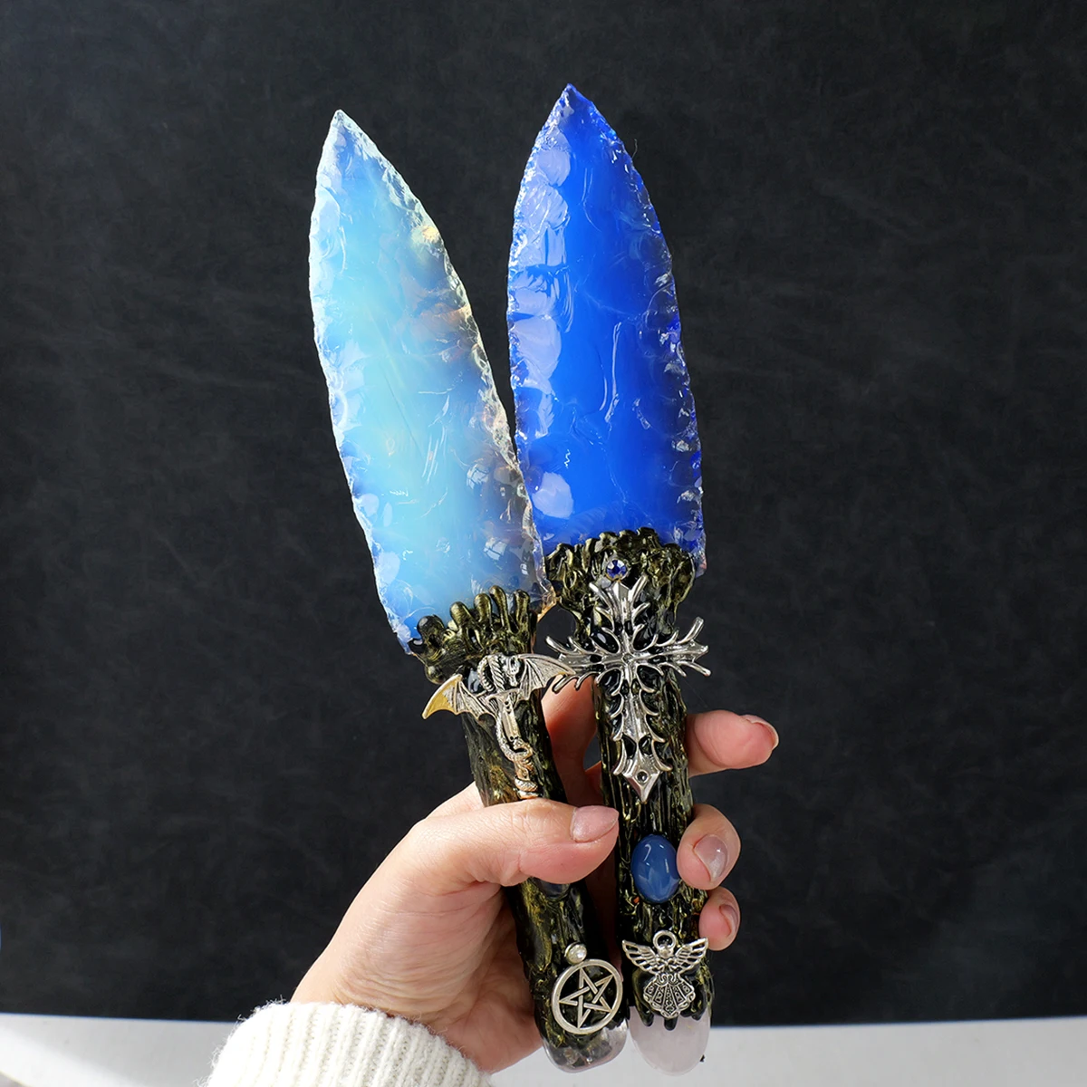 1pc Natural Opal dagger model carving, raw stone polishing, crystal crafts, home and office decoration, feng shui ornaments