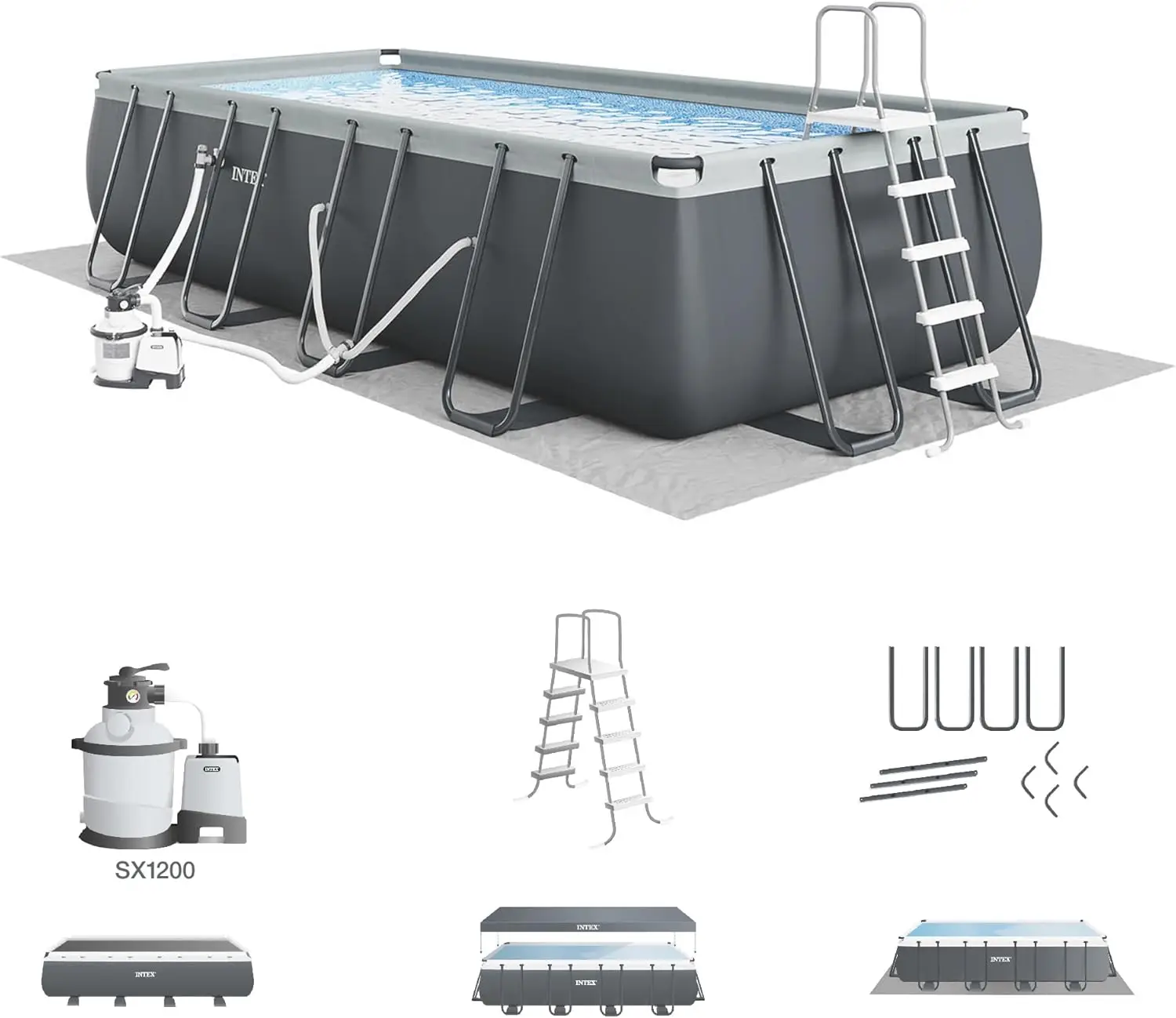 

Deluxe Rectangular Above Ground Swimming Pool Set: 18ft x 9ft x 52in – Includes 1500 GPH Sand Filter Pum