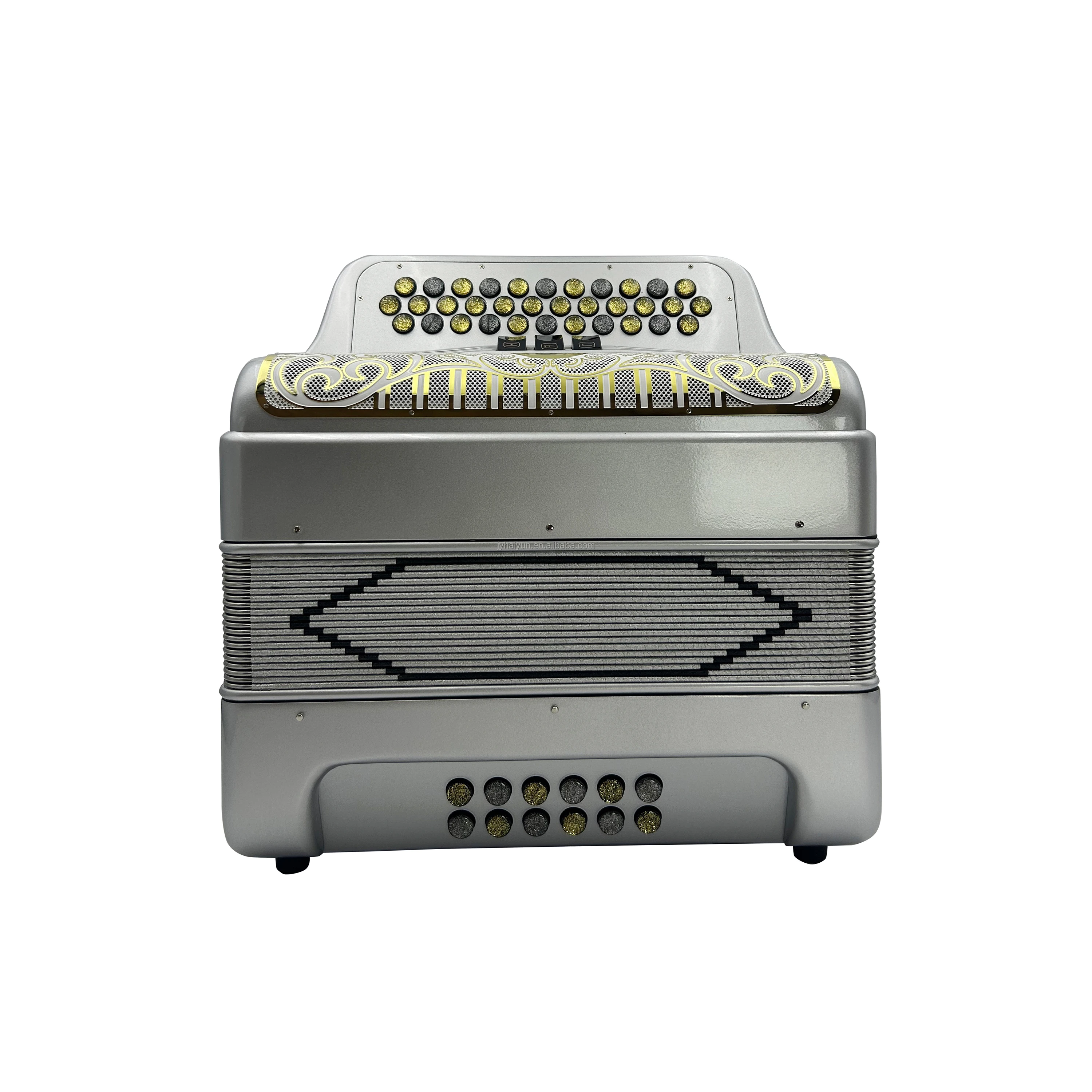 Diatonic Accordion with 34 Buttons 12 Bass 3 Registers Silver & White Gold Grill JB3412C Model